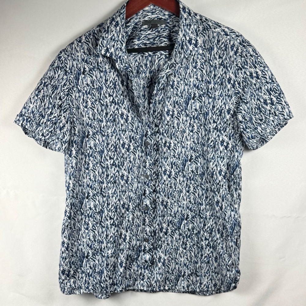 John Varvatos Mens Blue White Abstract Ikat Print Cotton Short Sleeve Shirt M